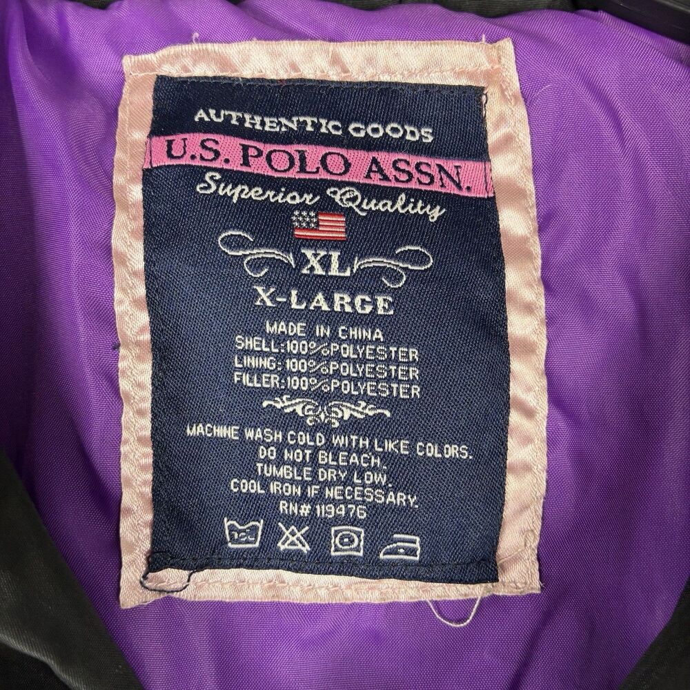 U.S. Polo Assn Girls Puffer Coat Jacket Black Purple Quilted XL /16 - Picture 6 of 7
